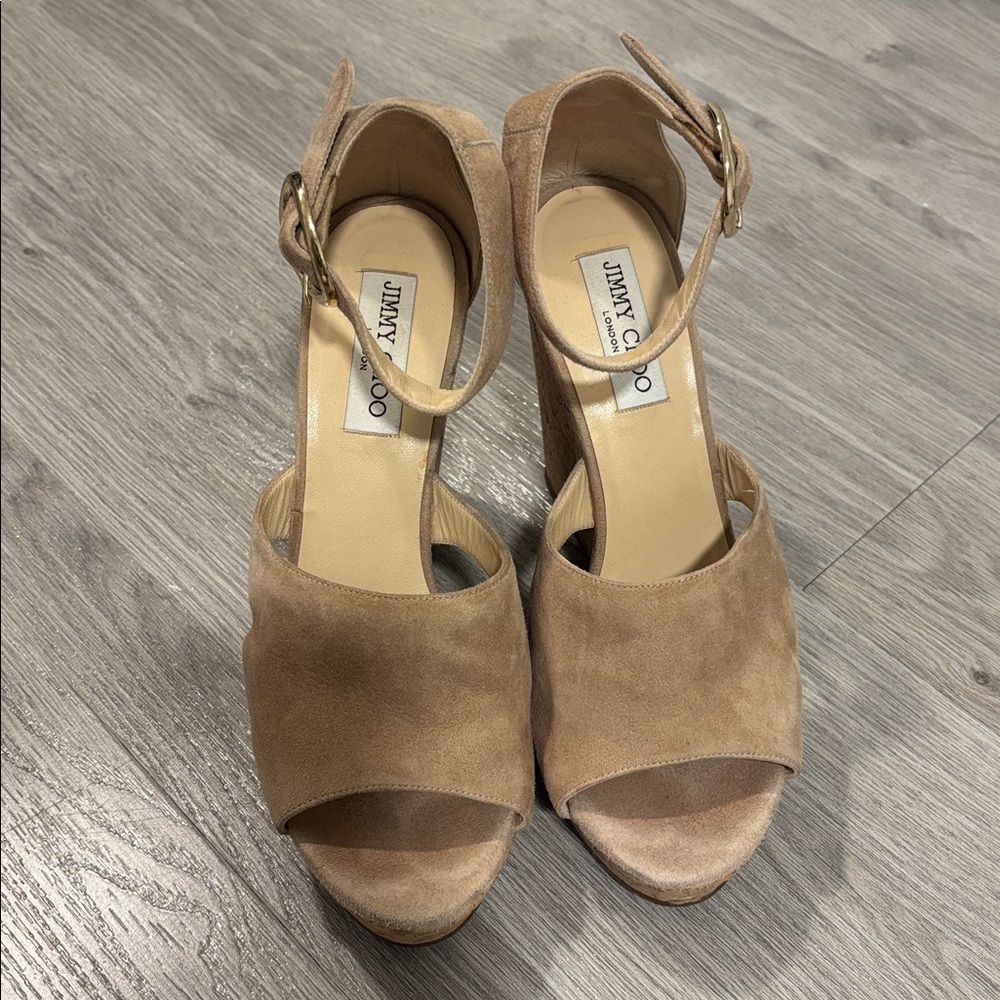 Jimmy Choo Cream Suede Cork Platform Ankle Strap Women's Shoes size 40 - Picture 2 of 14